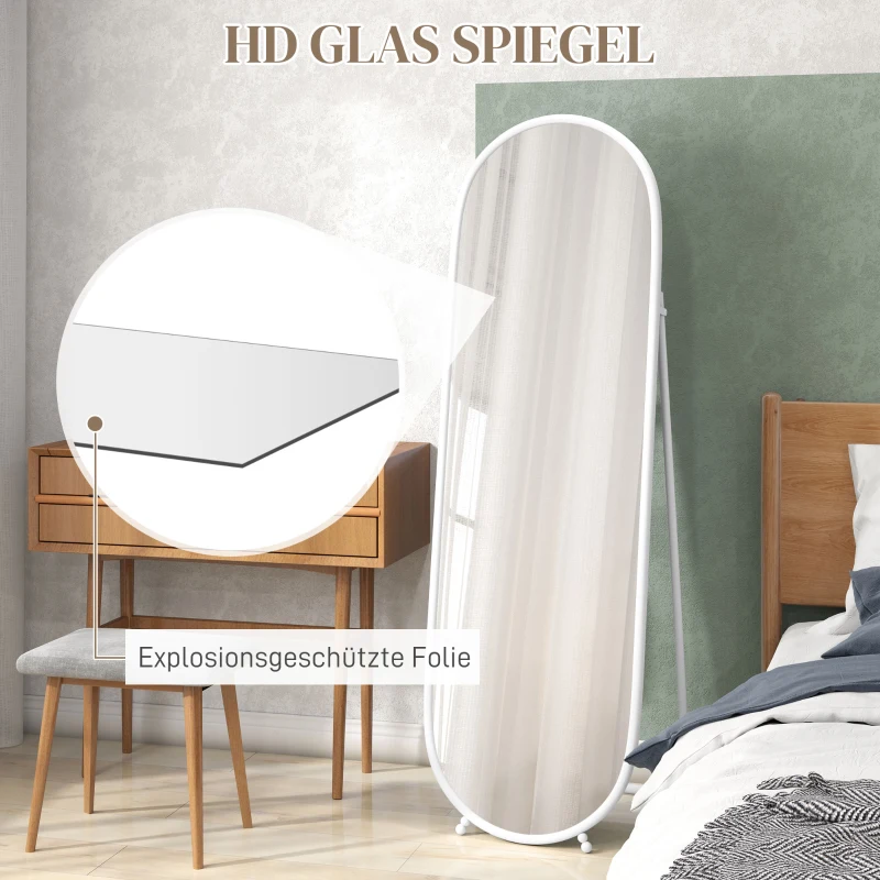 HOMCOM Ganzkörperspiegel, ovale Form, freistehend, Metallrahmen, 40x160cm, Farbe: Weiß