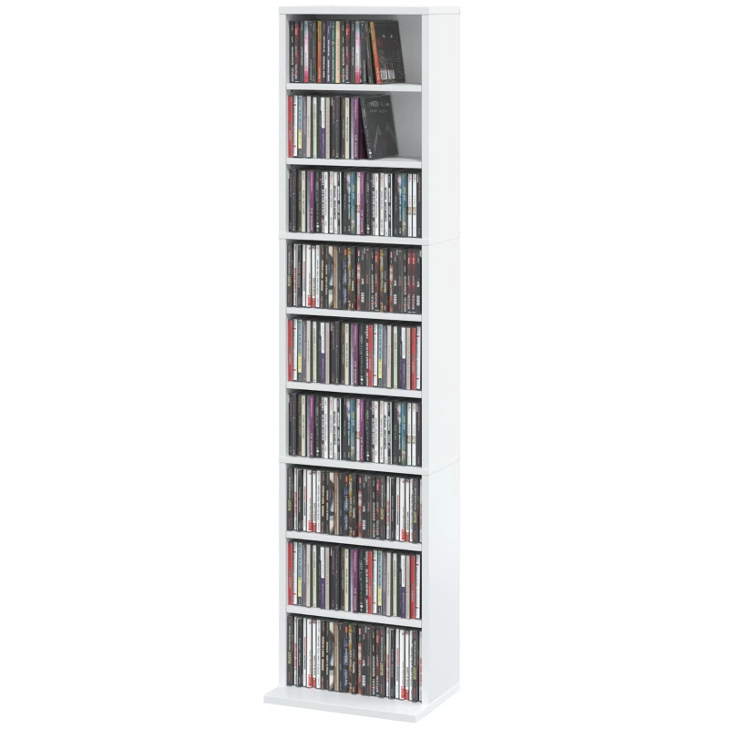 HOMCOM Regał na płyty CD/DVD, 9 poziomów, wąski regał stojący z 6 regulowanymi półkami, dla 260 płyt CD, Biały