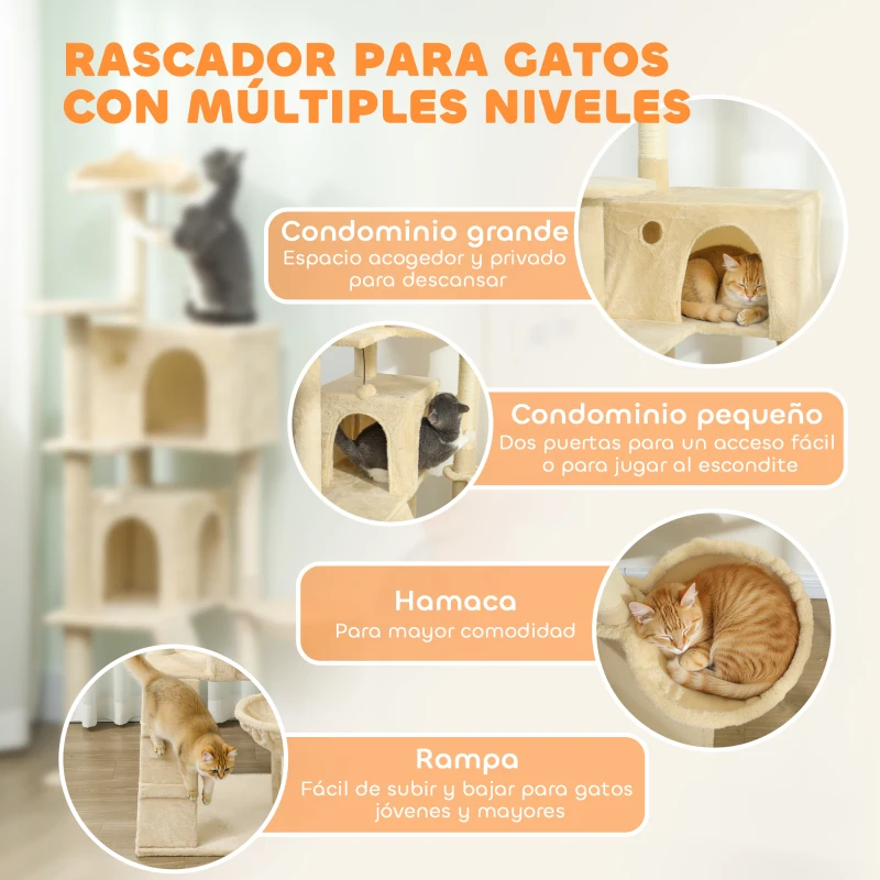 PawHut Árbol Rascador para Gatos 160 cm con Plataformas Cama 2 Cuevas Hamaca Escalera Postes de Sisal Beige
