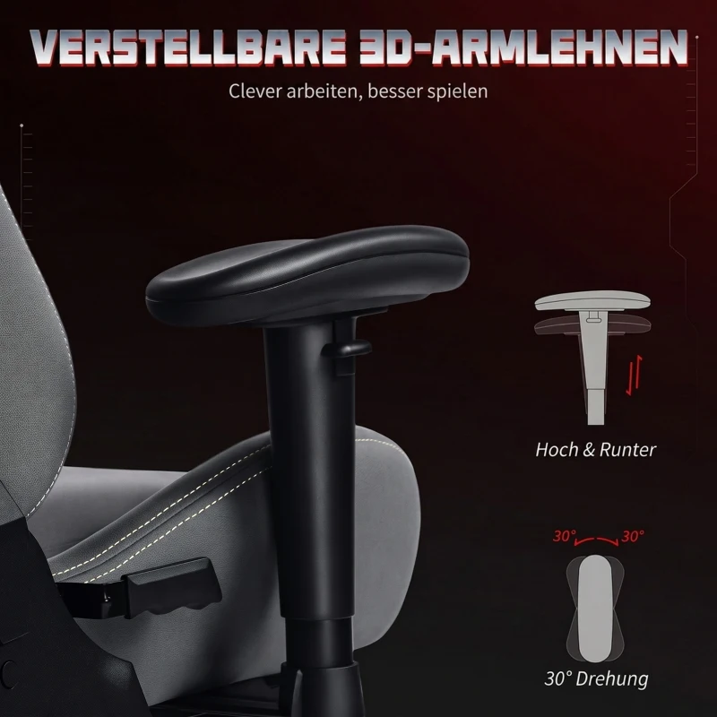 HOMCOM Ergonomischer Gaming-Stuhl mit 3D-Armlehnen, verstellbar, rollbarer Schreibtischstuhl mit Lendenstütze, Grau