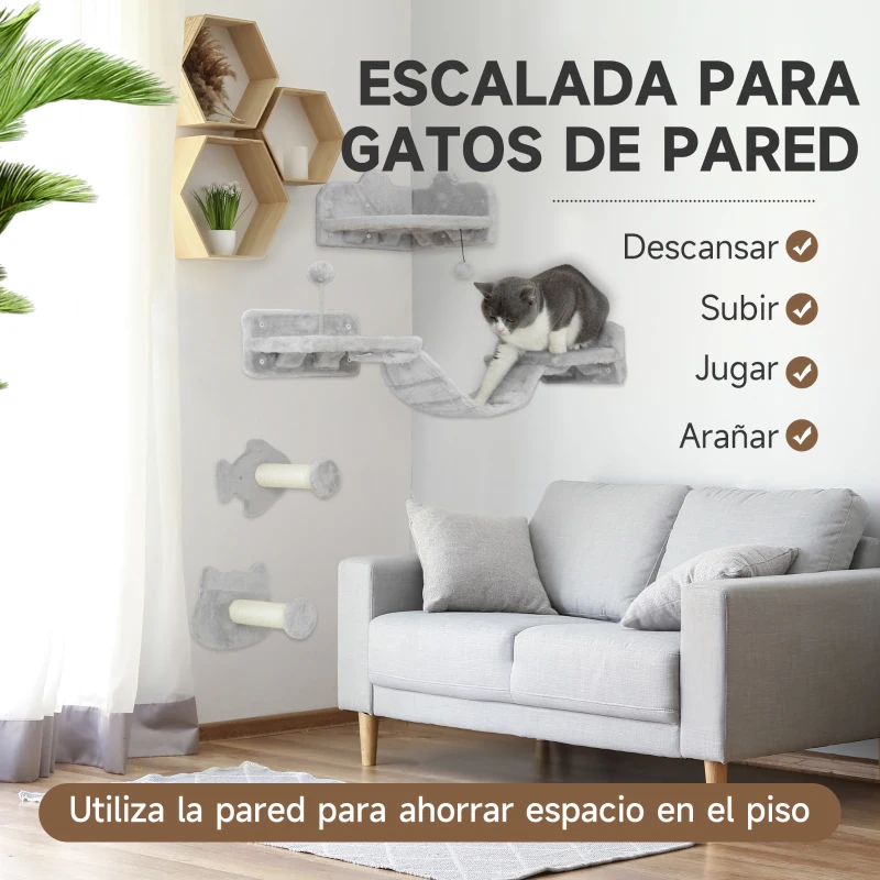 PawHut Juego de Pared de Escalada para Gatos con Postes de Sisal Plataforma Doble con Escalera y 1 Plataforma para Saltar Gris