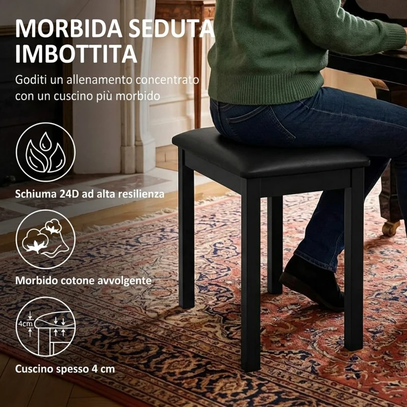 HOMCOM Sgabello per Pianoforte con Gambe in Legno di Caucciù, Seduta Imbottita, Rivestimento in Finta Pelle PU, Nero