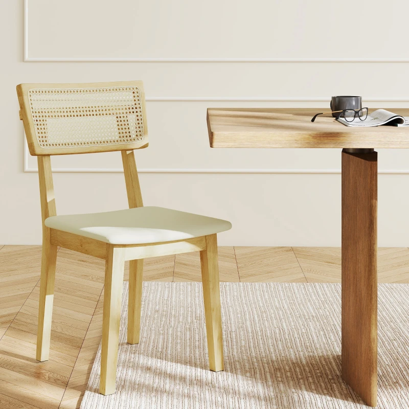 HOMCOM Esszimmerstuhl, Rattan-Rückenlehne, Kunstleder-Sitz, Kautschukholz, Naturholz