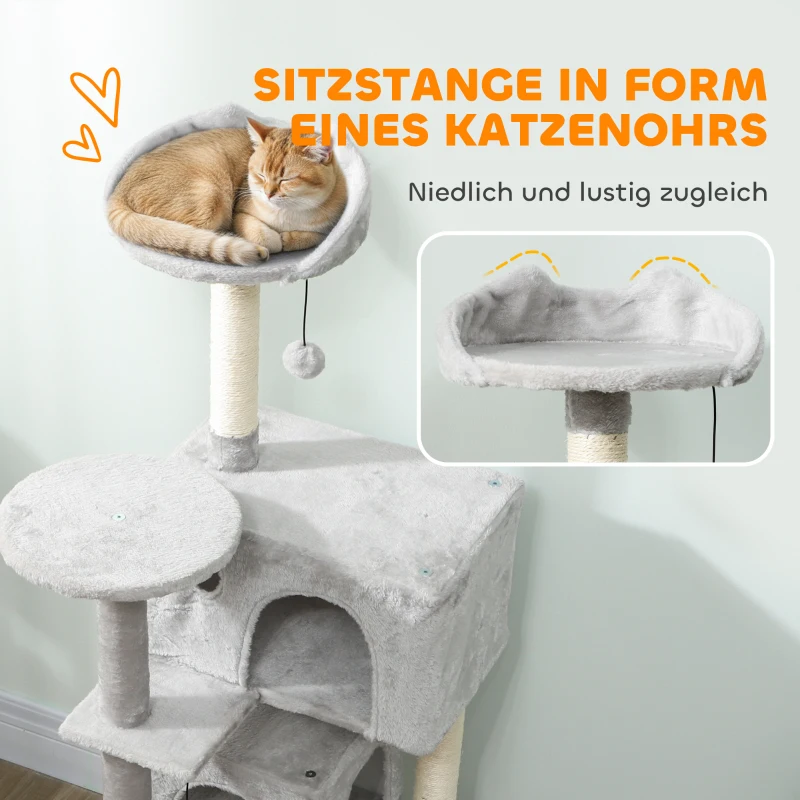 PawHut 140 cm Katzenkratzbaum, mehrere Ebenen, Sisal-Kratzpfosten, Höhlen, Plüsch-Plattformen, Hängematte, Leiter, Spielbälle