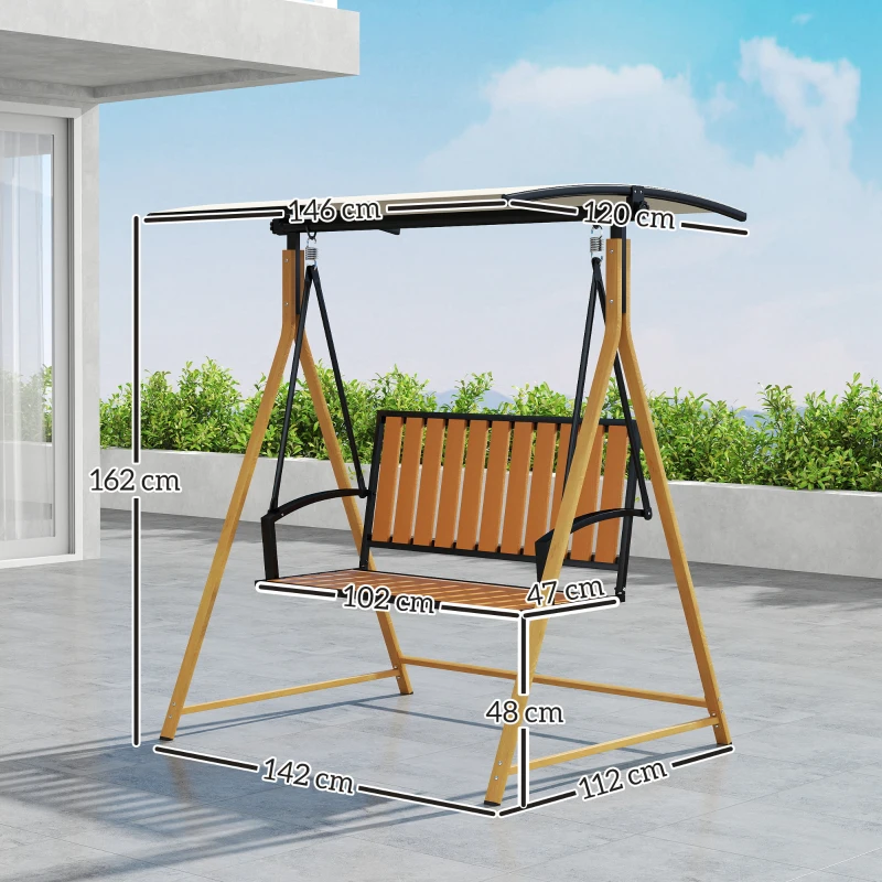 Outsunny Baloiço de Jardim de 2 Lugares com Toldo Ajustável e Estrutura de Metal Carga 240 kg 142x112x162 cm Madeira e Creme