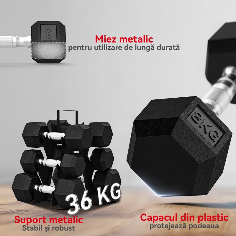SPORTNOW Set Gantere Hexagonale cu Rack, 2x4kg 2x6kg 2x8kg, Negru