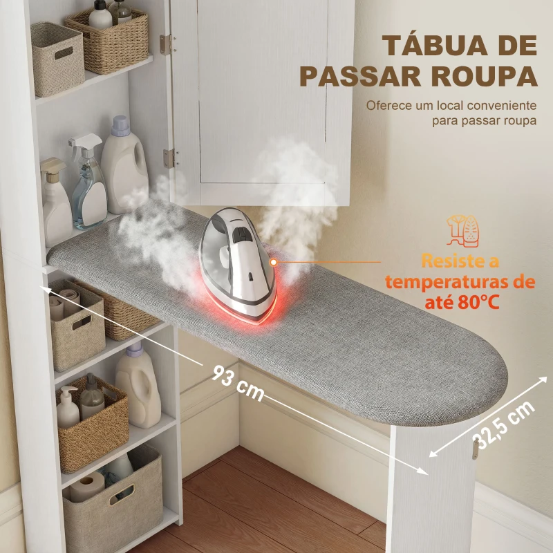 HOMCOM Móvel de Engomar com Espelho Tábua de Engomar Dobrável 6 Compartimentos 2 Ganchos 107x35x174 cm Branco