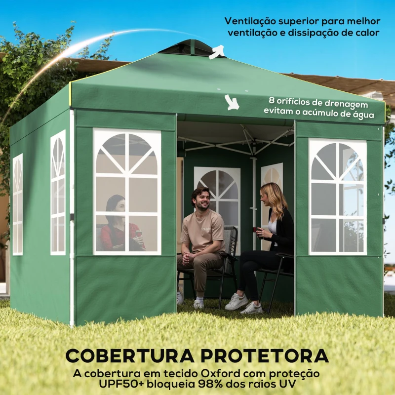 Outsunny Tenda Dobrável 3x3 m Pop-up com UPF50+ 4 Laterais Removíveis Altura Ajustável e Bolsa de Transporte Verde