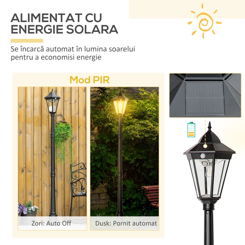 Outsunny Lampă Solară de Grădină cu Lumină LED și Senzor de Mișcare, Aluminiu și Sticlă, 22x22x196 cm, Negru