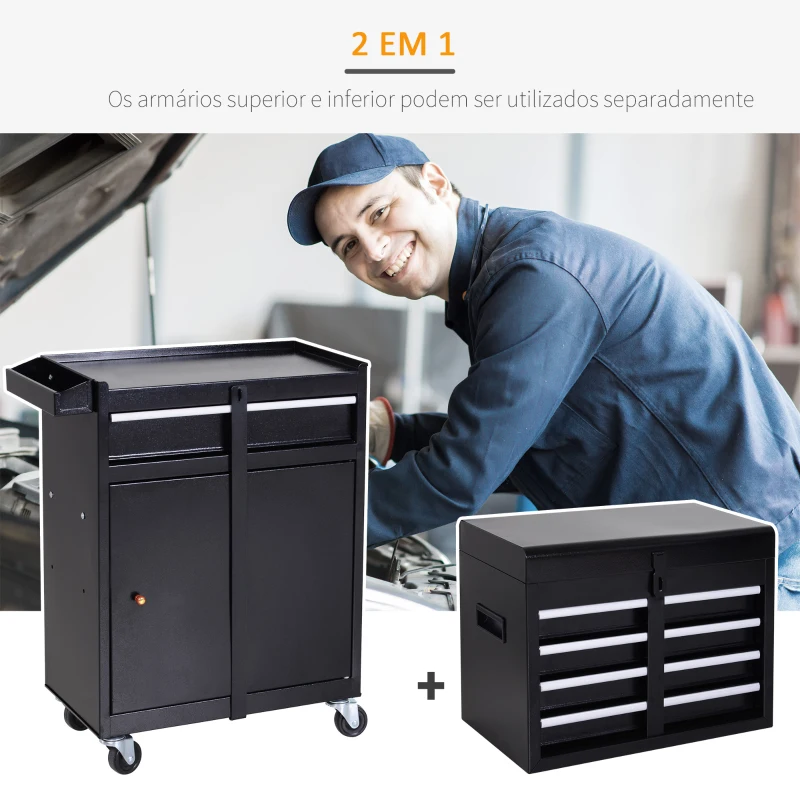 DURHAND Carro de Ferramentas com Rodas Carro de Ferramentas Móvel com 5 Gavetas Armário de Armazenamento e Almofada Antiderrapante Carga 52kg para Garagem 60x28x104,5cm Preto