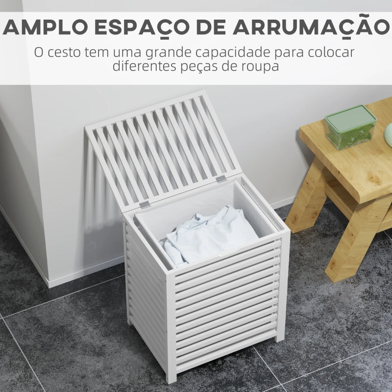 HOMCOM Cesto de Roupa de Bambu Cesto Roupa Suja Capacidade 55L com Bolsa Amovível Forma Retangular 50x36x60 cm Branco