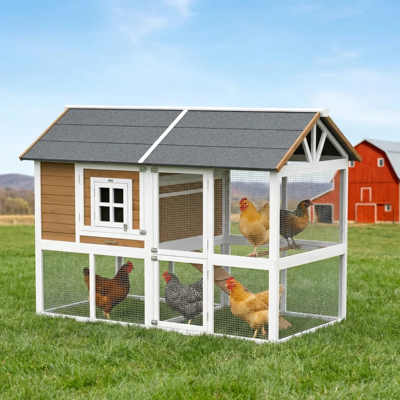 PawHut Hühnerstall Hühnerhaus mit Auslauf Nistkasten herausziehbarem Tablett Asphaltdach für 4 Hühner 200x104x145cm Holz Braun