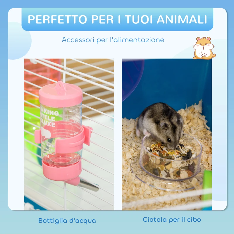 PawHut Gabbia Criceti a 5 Livelli con Tubi, Casetta, Serbatoio e Ruota, in Acciaio, PP e PS, 59x36x69 cm, Blu e Bianca