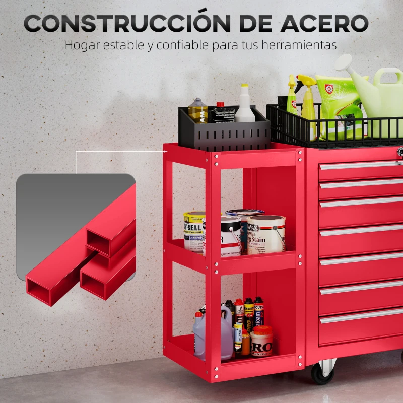 HOMCOM Carro de Herramientas con 7 Cajones Estantería de 3 Niveles Desmontable Sistema de Cierre Central Asa Rojo