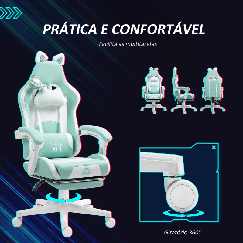 HOMCOM Cadeira Gaming com Orelhas Cadeira Gamer Reclinável com Altura Ajustável e Suporte Lombar 65x62x116-124 cm Azul Claro