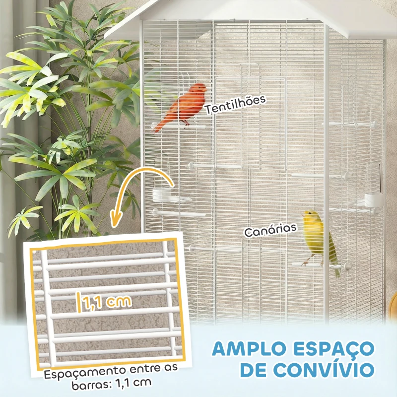 PawHut Gaiola para Pássaros Metálica com com Rodas Bandeja Amovível 4 Portas 2 Comedouros e 8 Poleiros 79x65x155 cm Branco
