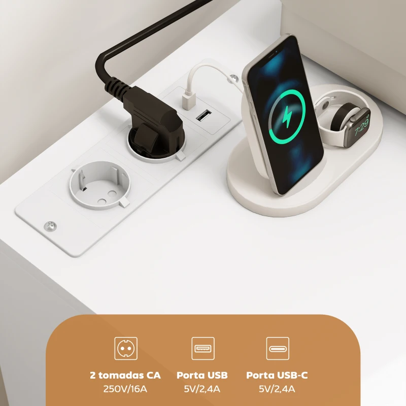 HOMCOM Móvel para Impressora com Estação de Carga e Rodas 5 Gavetas Portas USB Prateleira Ajustável Branco
