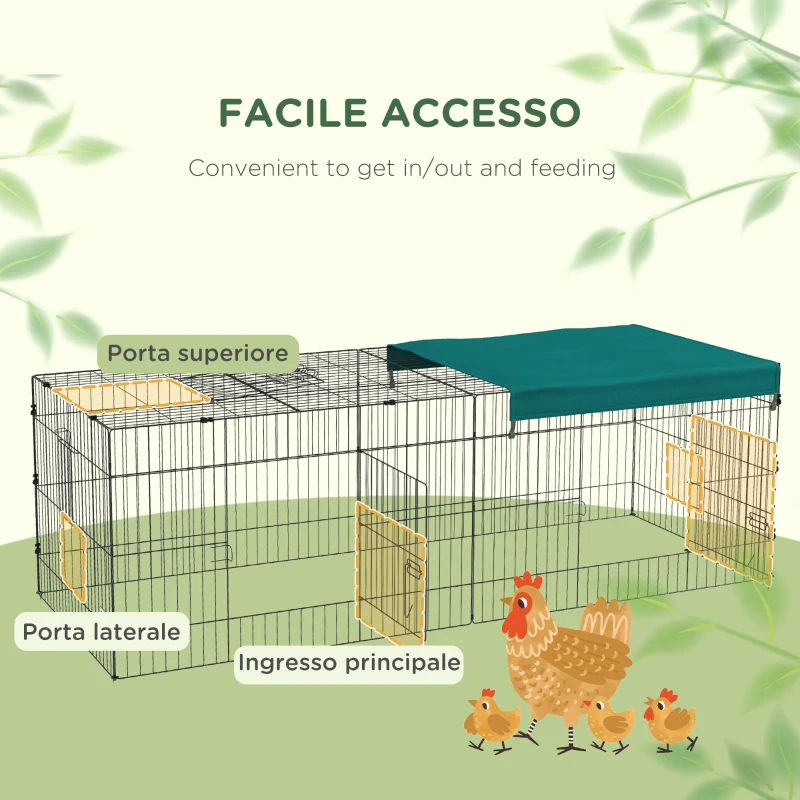 PawHut Gabbia per Conigli da Esterno e Interno con Tettuccio in Acciaio, 220x85x70cm, Verde