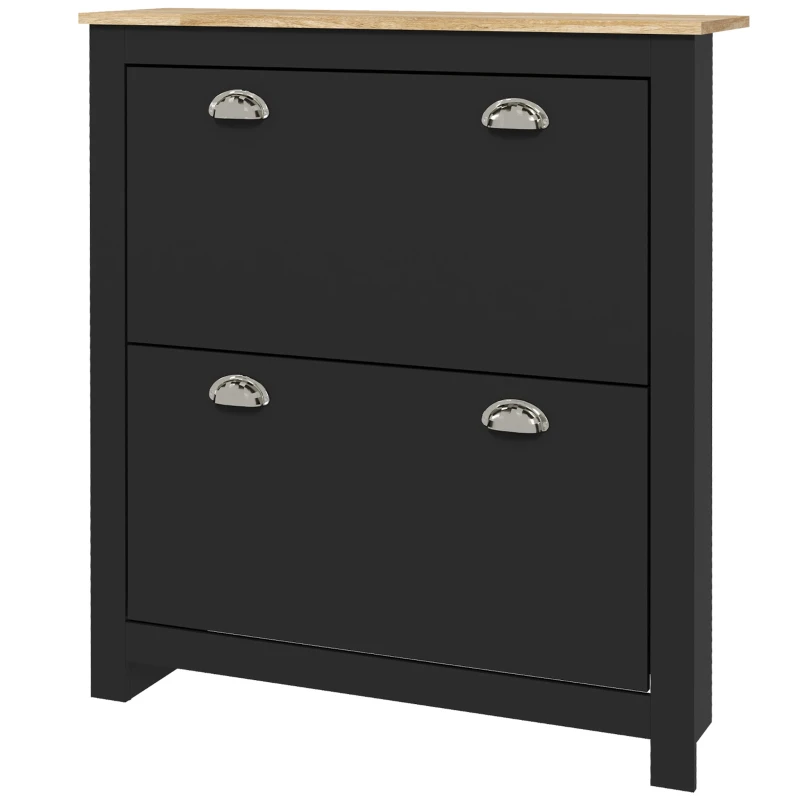 HOMCOM Armoire à chaussures 2 portes abattantes 2 compartiments poignées coquilles métal 79 x 23 x 90,5 cm noir chêne