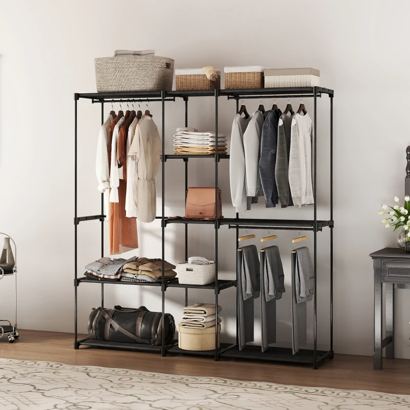 HOMCOM Armário para Roupas 182x43x185 cm Armário Aberto com 8 Prateleiras de Tecido Barras para Pendurar  182x43x185 cm Preto