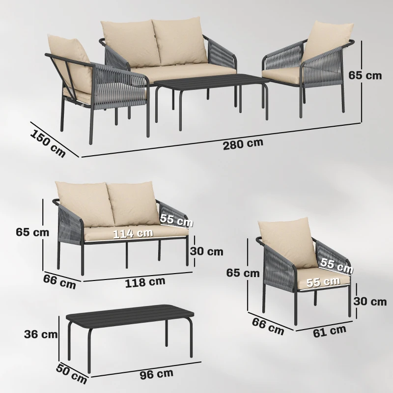 Outsunny Gartenmöbel Set 4-teilig Polyrattan Lounge-Set mit Zweisitzer 2 Sessel Couchtisch abnehmbar Kissen Bindebändern