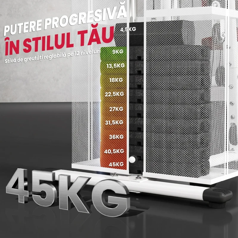 HOMCOM Stație de Fitness Multifuncțională pentru Acasă și Sală, cu 4 Perne din Oțel și PU, 150x110x210 cm, Alb
