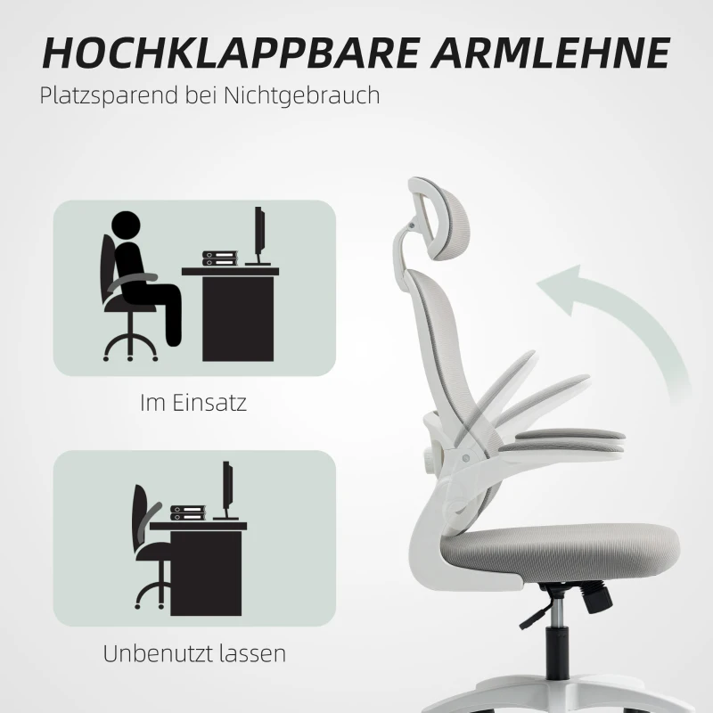 HOMCOM Ergonomischer Bürostuhl mit Netzstoff-Rückenlehne, höhenverstellbar, klappbare Armlehnen, 5 Rollen, Wippfunktion, Grau