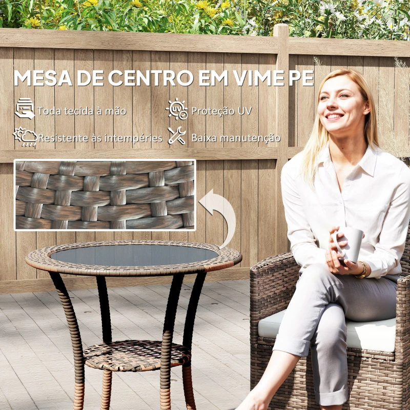 Outsunny Mesa de Vime Redonda Ø64x71 cm Mesa de Jardim com Estante e Tampo de Vidro Suporta 50 kg para Terraço Pátio Castanho