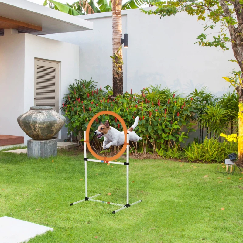 PawHut Agility Sprungring für Hunde, Agility Set Hunde, Agility Ring 2 in 1 Sprungringstange mit Tragetasche Kunststoff 74,5 x 66 x 91 cm Weiß+Orange