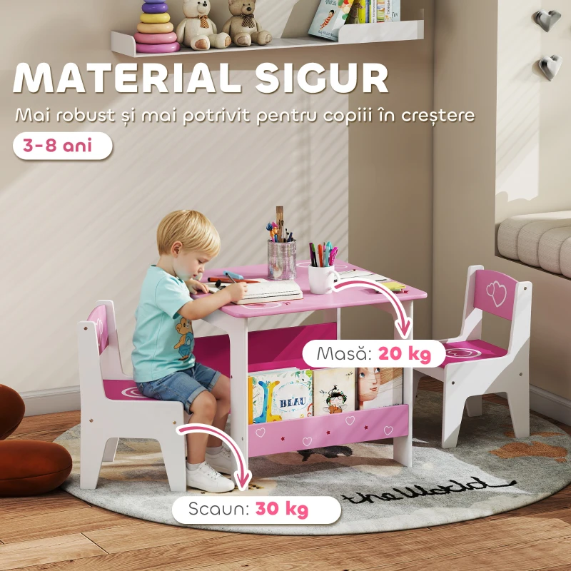 Set masă AIYAPLAY cu 2 scaune pentru copii, vârstă 3-8 ani, masă cu rafturi integrate din MDF cu imprimeuri inimioare, roz
