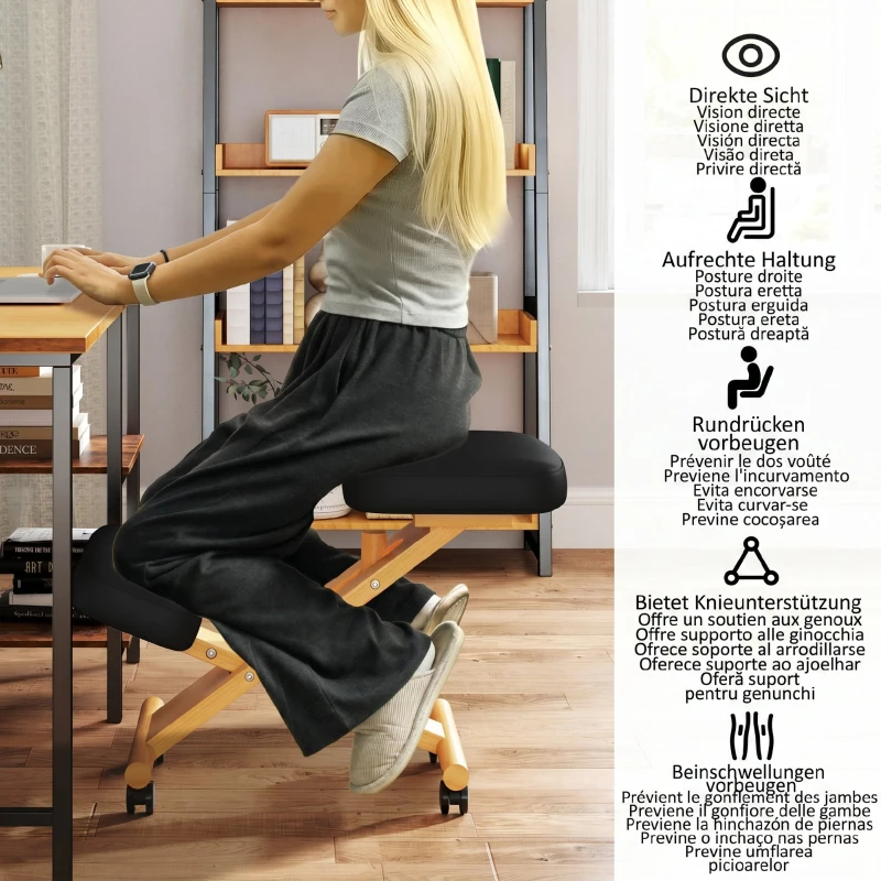 HOMCOM Scaun ergonomic postural cu suport pentru genunchi, cu roți, din lemn, negru