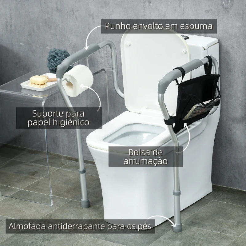 HOMCOM Barra de Segurança para Sanita de Alumínio Apoio de Segurança para Sanita Ajustável com Alça Antiderrapante e Bolso 55-62x47x64-74 cm Prata