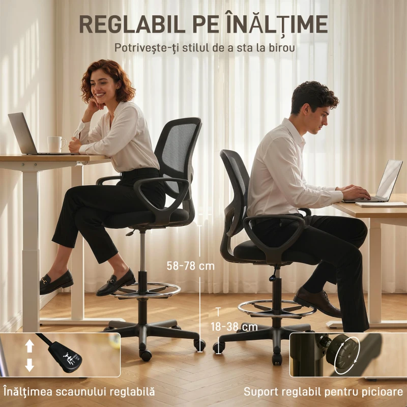 HOMCOM Scaun de Birou Ergonomic Rotativ din Plasă Respirabilă, cu Suport pentru Picioare și Înălțime Reglabilă, Negru