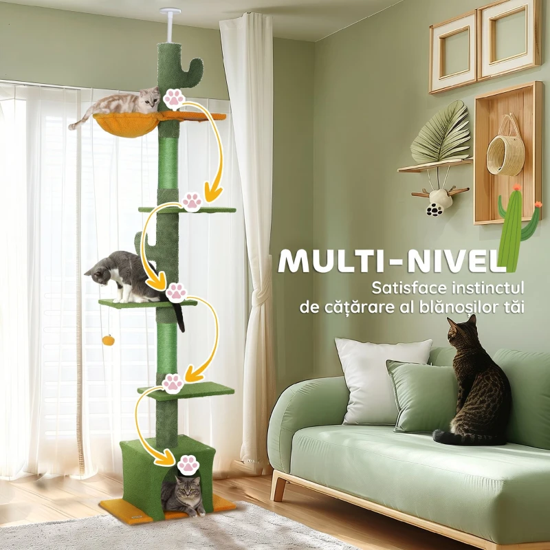 PawHut Ansamblu de Zgâriat pentru Pisici cu Fixare în Tavan, 230-275 cm, Hamac, Căsuță, Stâlpi din Sisal, Verde