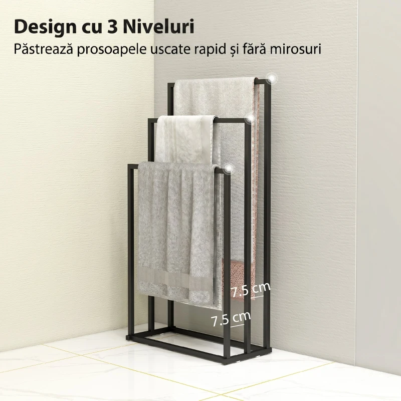 HOMCOM Suport pentru prosoape autoportant cu 3 brațe din oțel, 45x21.5x85 cm