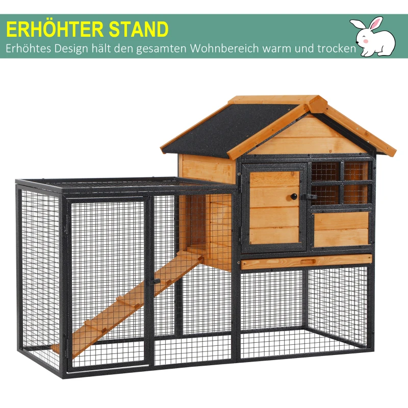 PawHut Kleintierstall mit Freigehege u. Rampe 122 cm x 63 cm x 92 cm Tannenholz Metall Hellgelb+Dunkelgrau