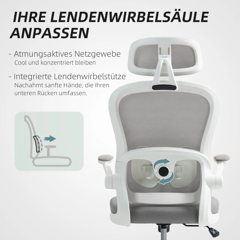 HOMCOM Ergonomischer Bürostuhl mit Netzstoff-Rückenlehne, höhenverstellbar, klappbare Armlehnen, 5 Rollen, Wippfunktion, Grau