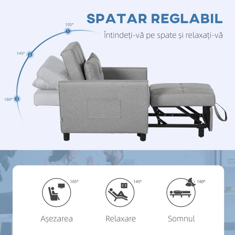 HOMCOM Fotoliu Pat Single Reclinabil pe 3 Niveluri cu Pernă Extra, 69x82x85cm, Gri Deschis(m-5)