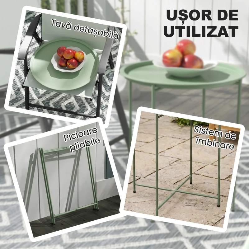 Outsunny Masă de grădină cu tavă detașabilă și picioare pliabile din oțel, Ø46x50 cm, verde