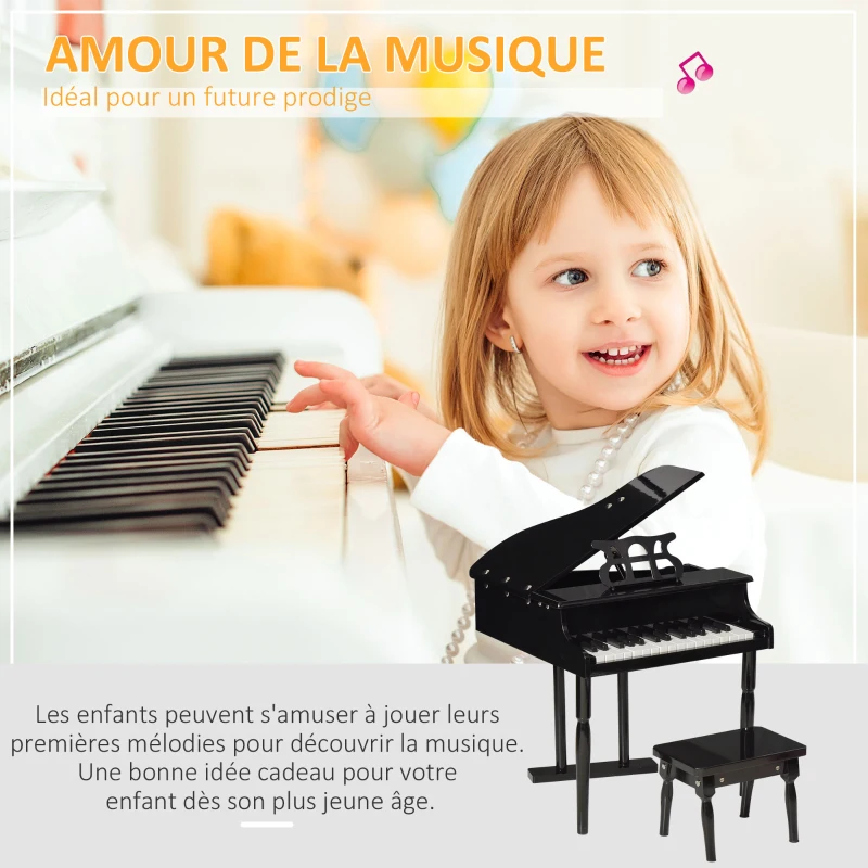 HOMCOM Piano à queue enfant en bois Piano enfant clavier de piano 30 touches - tabouret et pupitre inlus - Instrument de Musique - MDF noir