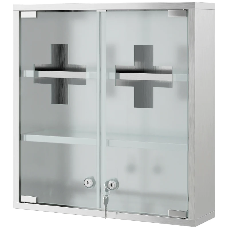 HOMCOM Armário de Medicamentos de Parede com Fechadura, Portas de Vidro, Prateleiras e 2 Chaves para Casa de Banho e Cozinha 46x12x48 cm Prateado