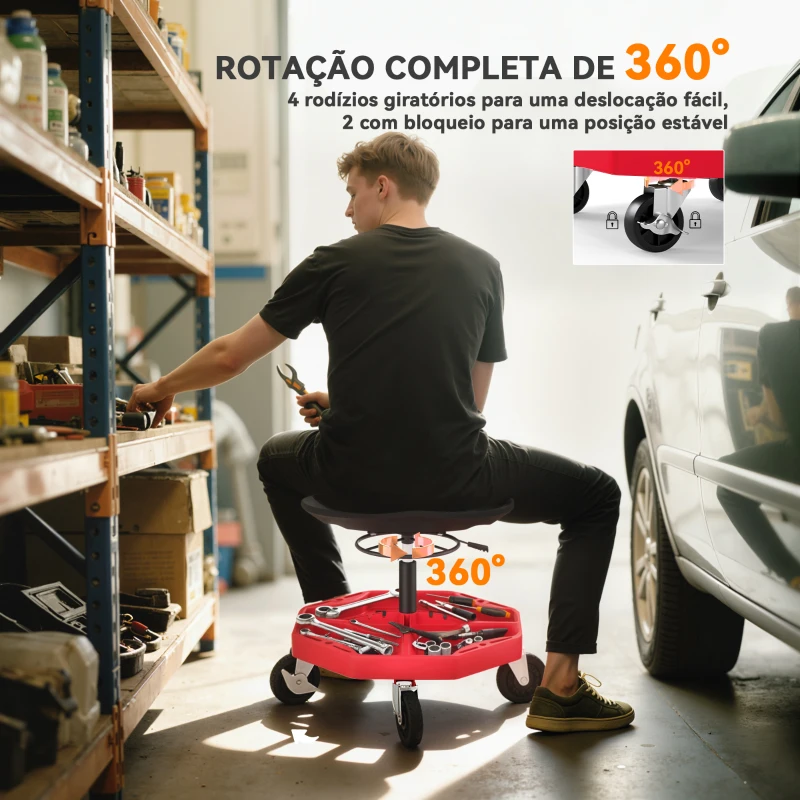 HOMCOM Banco de Oficina Móvel com Bandeja Magnética Altura Ajustável de 52–59,5 cm Carga 135 kg Banco para Mecânico com Rodas para Garagem Reparação de Automóveis Vermelho