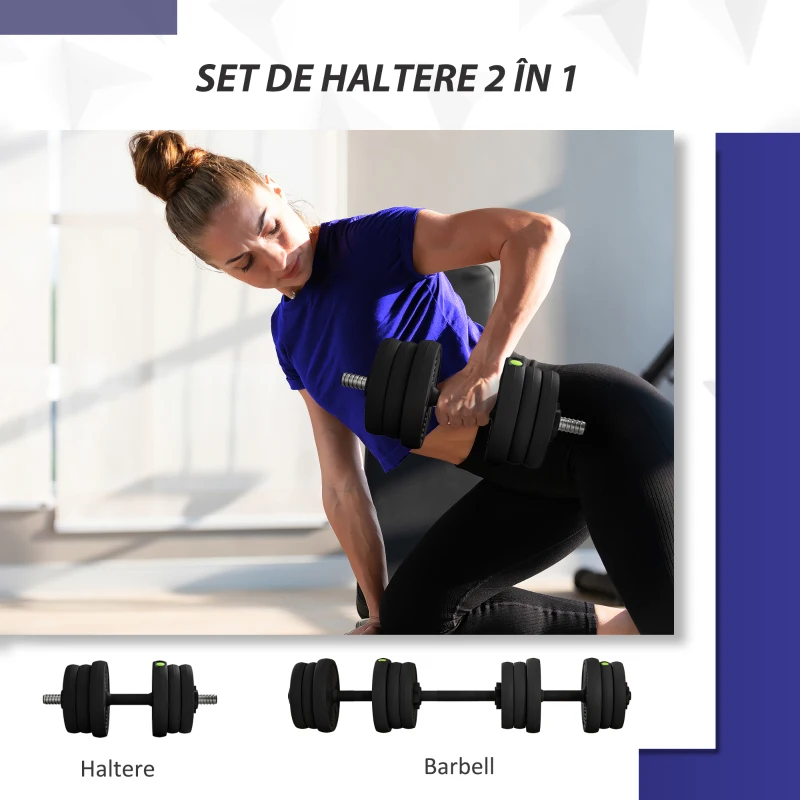 SPORTNOW Set 2 în 1 cu 2 gantere convertibile în halteră, greutate totală 20 kg și discuri de greutăți reglabile, negru