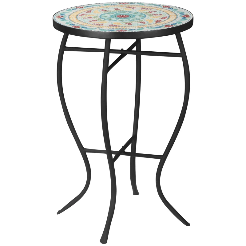 Outsunny Mesa de Jardim Redonda Mesa Auxiliar de Mosaico com Pés de Metal para Pátio Terraço Exterior Varanda Ø35,5x53,5 cm Turquesa