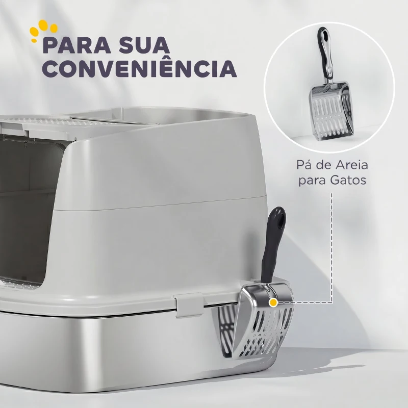 PawHut Caixa de Areia para Gatos em Aço Inoxidável L com Tampa Removível e Pá Inox, Cinzento Claro