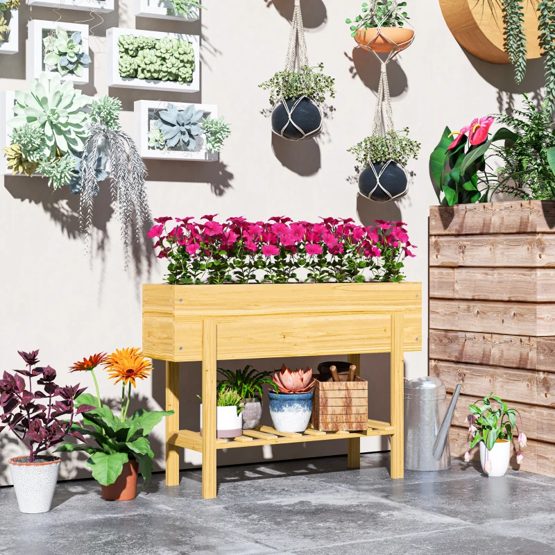 Outsunny Blumenkasten mit unterem Regal, Holzbeet mit Vlies-Auskleidung und Entwässerungslöchern, 100 x 30 x 70,5 cm, Naturholz