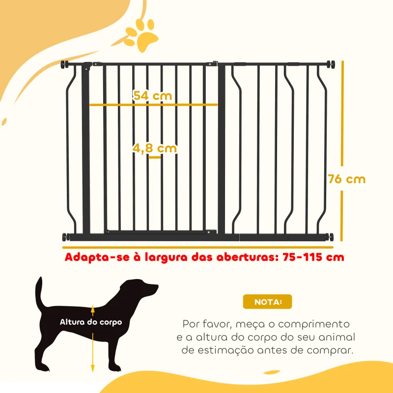 PawHut Barreira de Segurança para Cães Extensível para Escadas e Portas 75-115 cm com 2 Extensões e 10-20 cm Altura 76 cm Preto
