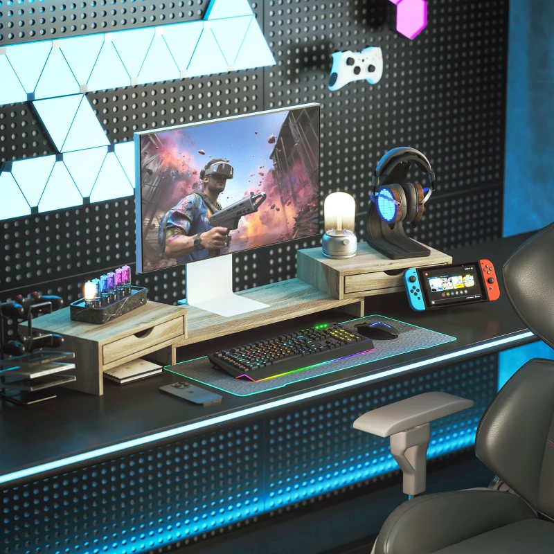 HOMCOM Suporte para Monitor com Ângulo e Comprimento Ajustável e 2 Gavetas para Escritório 60-116x22x12 cm Madeira