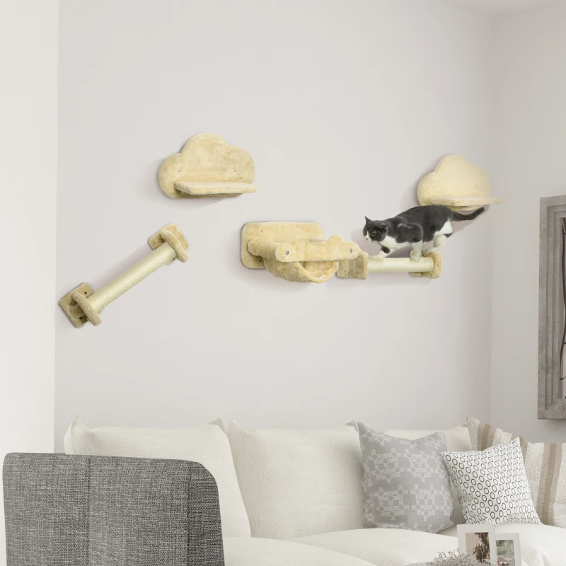 PawHut Katzentreppe, 5-teiliges Set, 2 Kratzstämme, 2 Plattformen mit Plüschbezug, Hängematte, beige