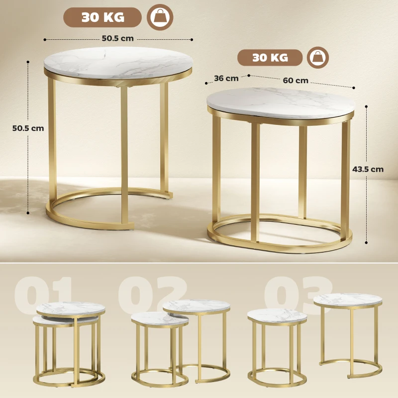 HOMCOM Set de 2 mese de cafea cu blat cu efect de marmură, din lemn și oțel, Ø50x50,5 cm și 60x36x43,5 cm, Alb